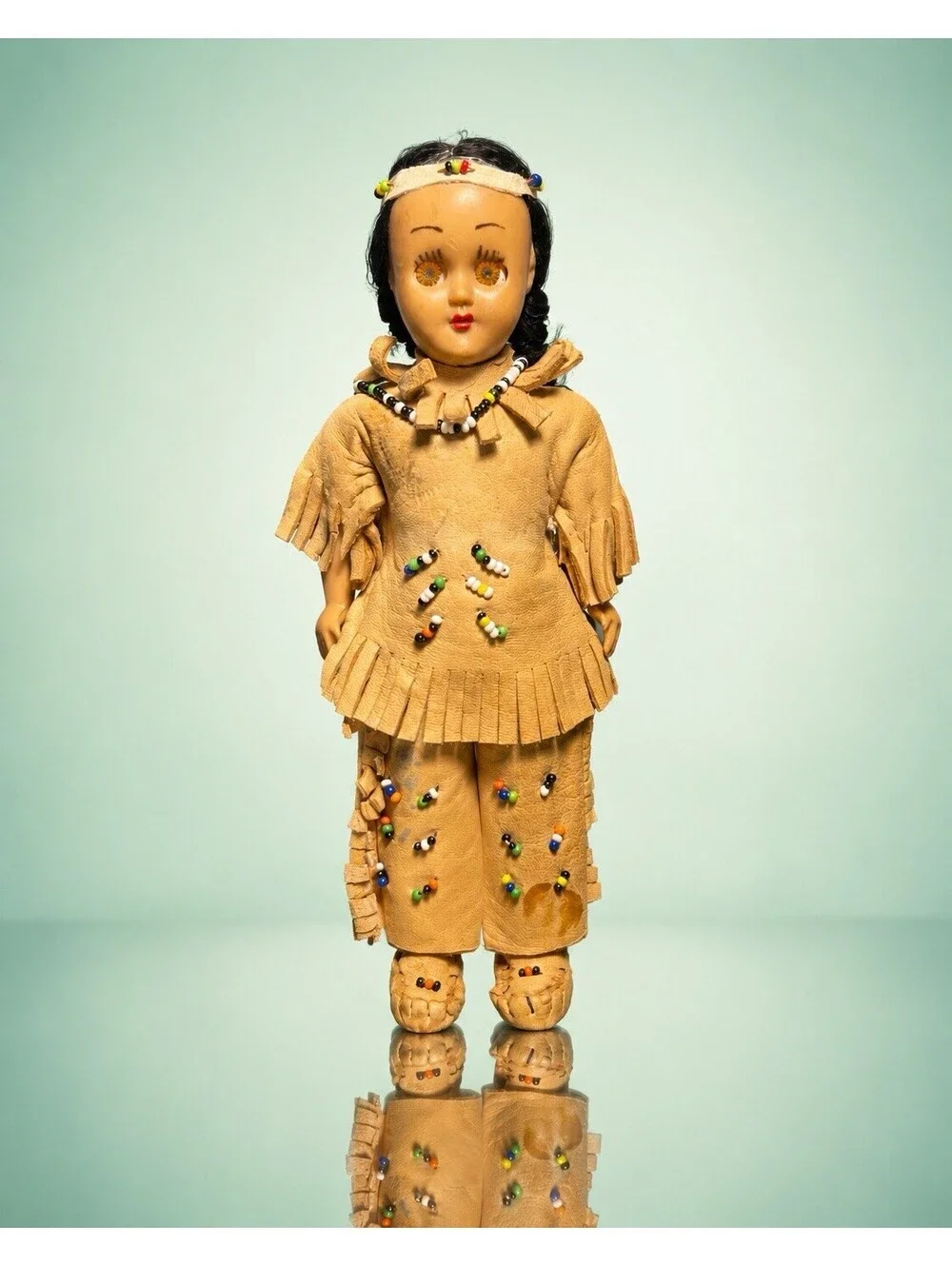 Vintage 1950s Native American Indian Girl Souvenir Doll Leather Beaded, 7”